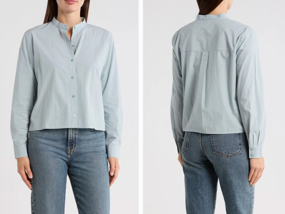 NWT Eileen Fisher Mandarin Collar Button Up Shirt Frost L